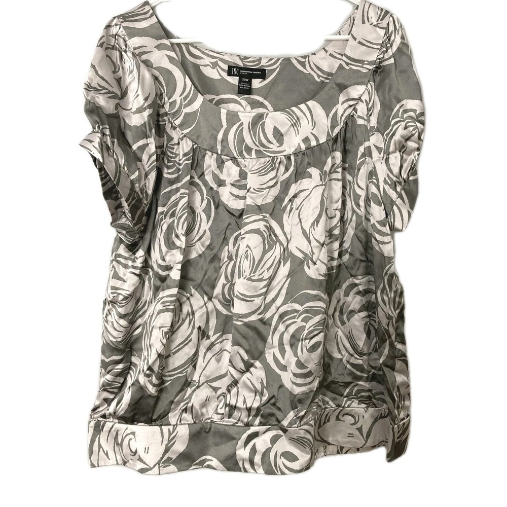 INC International Concepts Blouse Women 20W Gray Silk Etched Rose Scoop Neck NWT